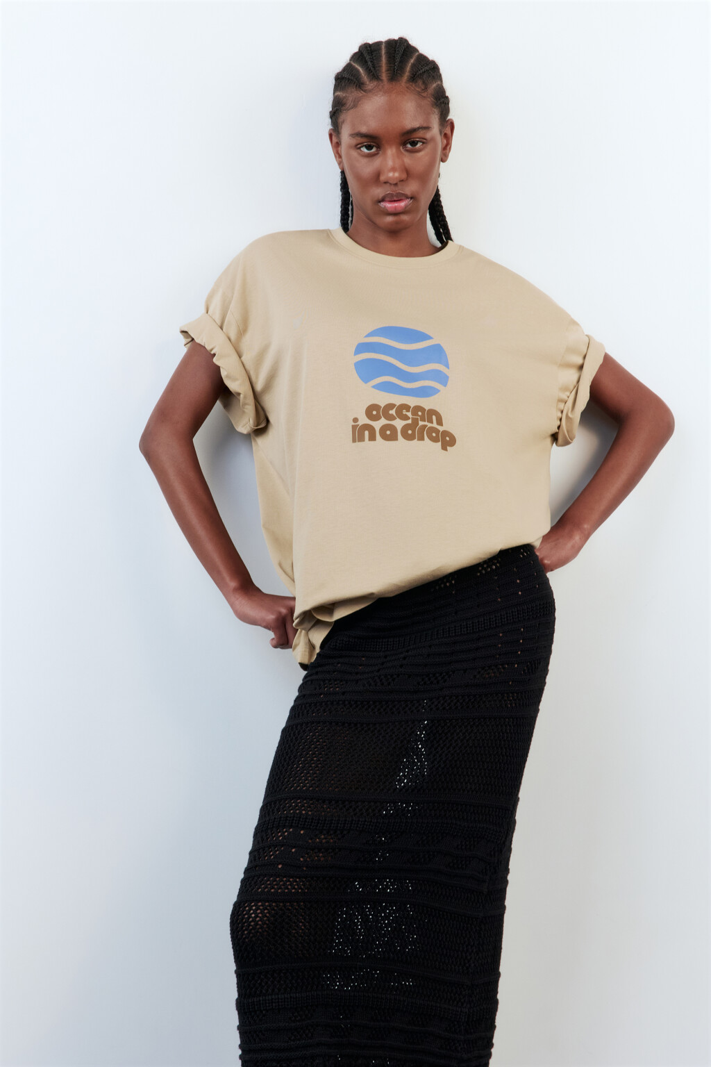 Футболка oversize хлопковая с принтом - цвет бежевый - 1