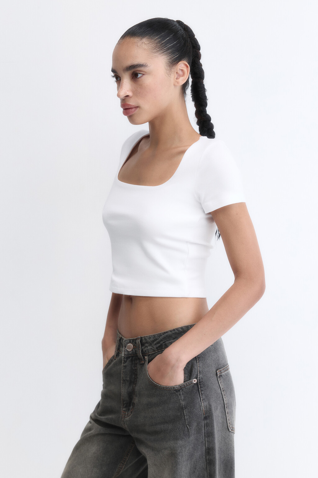 Футболка-топ облегающая с вырезом-каре - цвет белый - 3