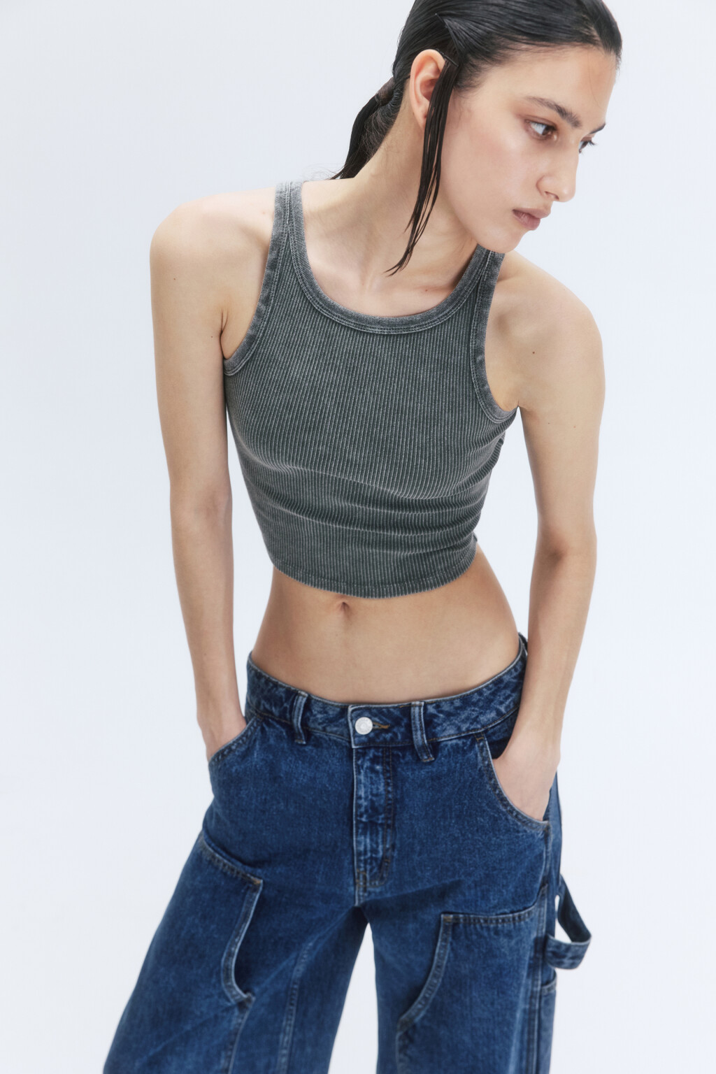 Майка-топ хлопковая с вареным эффектом - цвет зеленый - 1