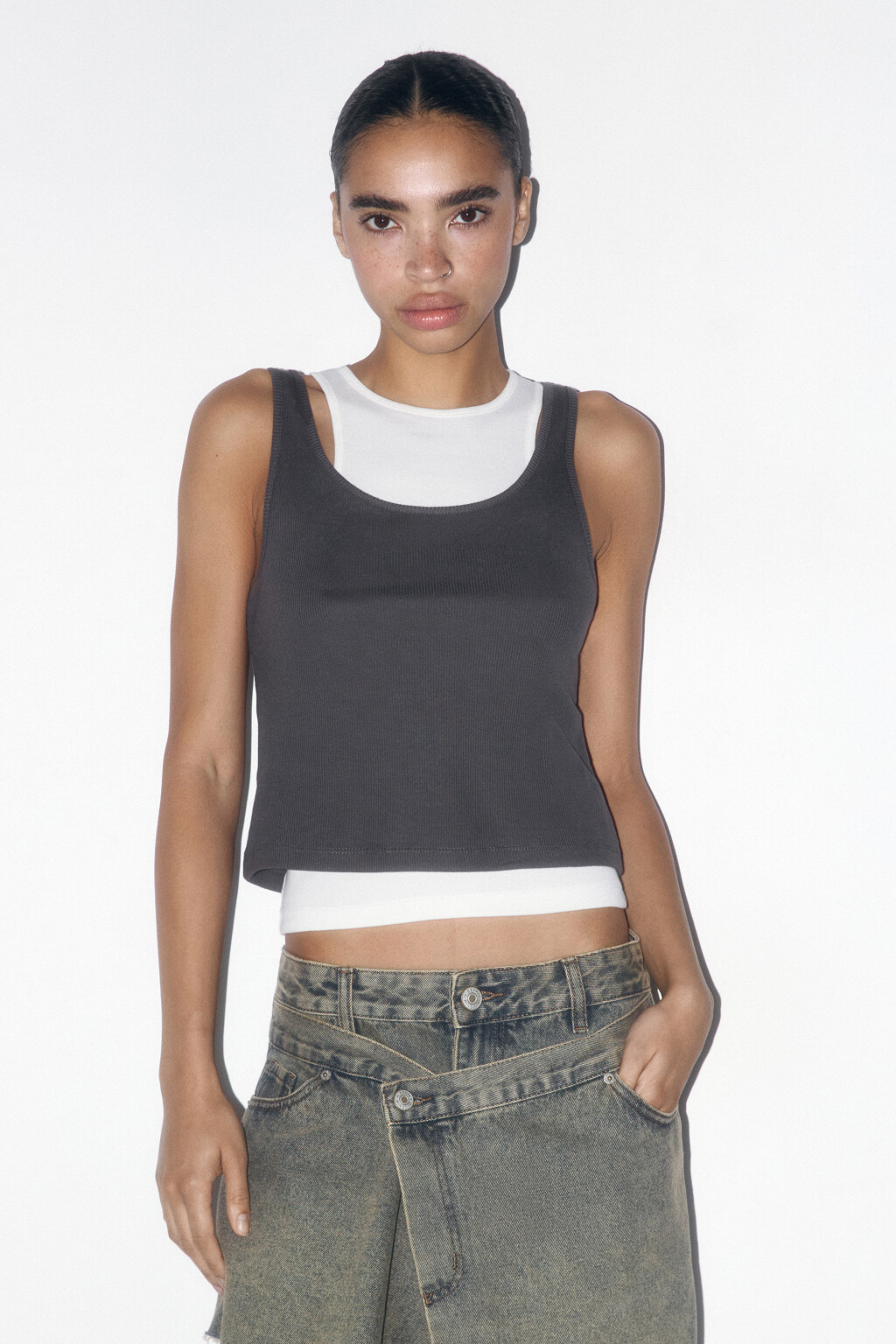 Майка хлопковая двуслойная в рубчик - цвет серый - 2