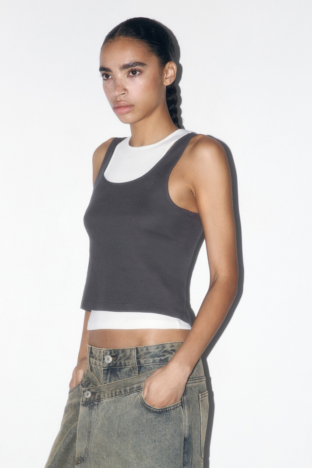 Майка хлопковая двуслойная в рубчик - цвет серый - 3