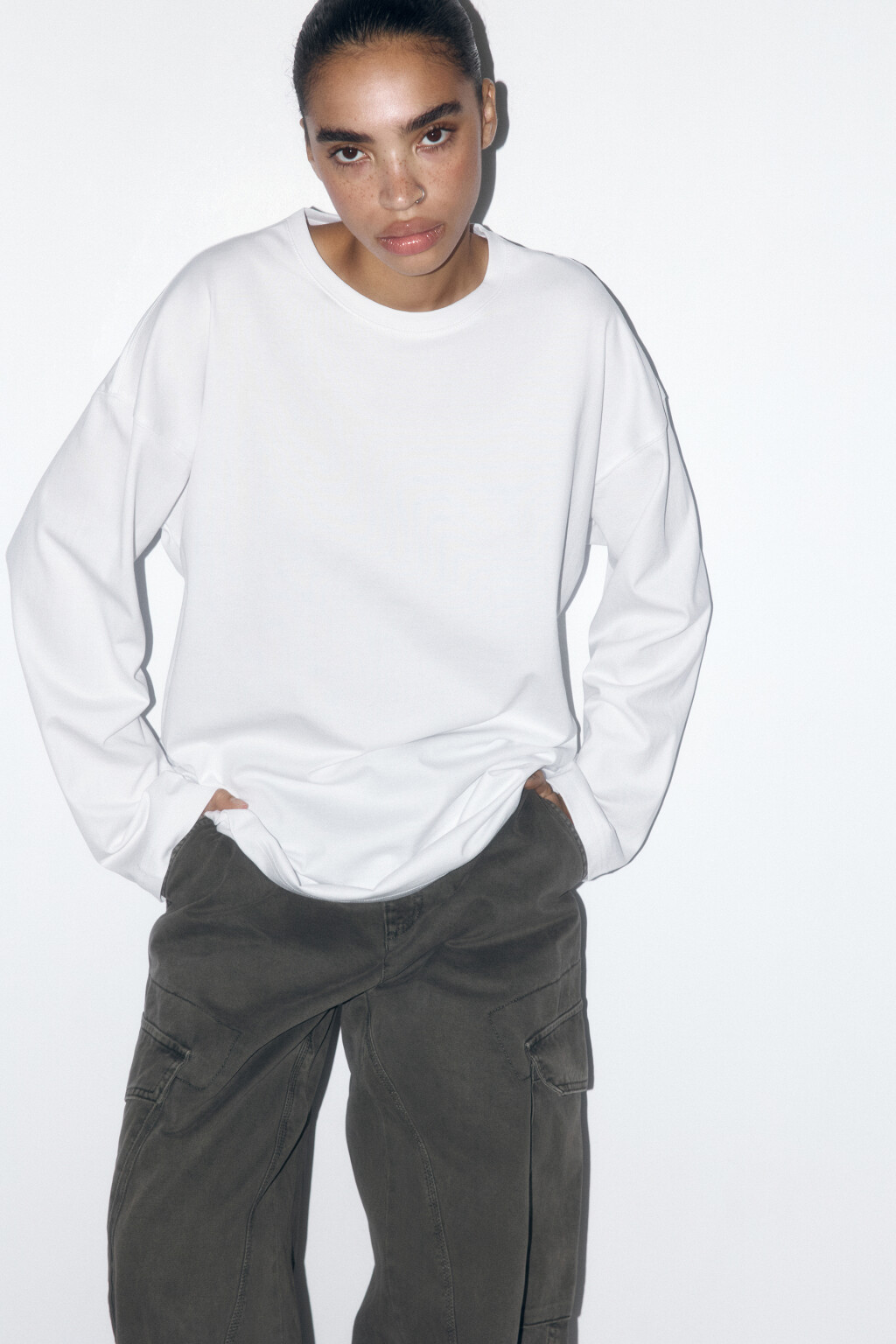 Лонгслив базовый хлопковый свободного кроя - цвет белый - 1