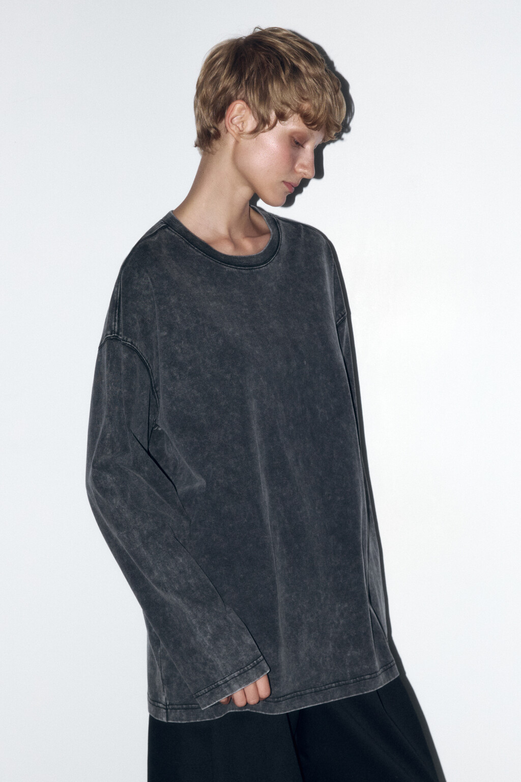 Лонгслив oversize хлопковый с вареным эффектом - цвет серый - 3