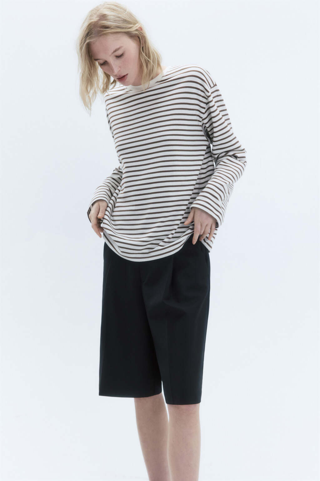 Лонгслив свободный хлопковый в полоску - цвет бежевый - 1