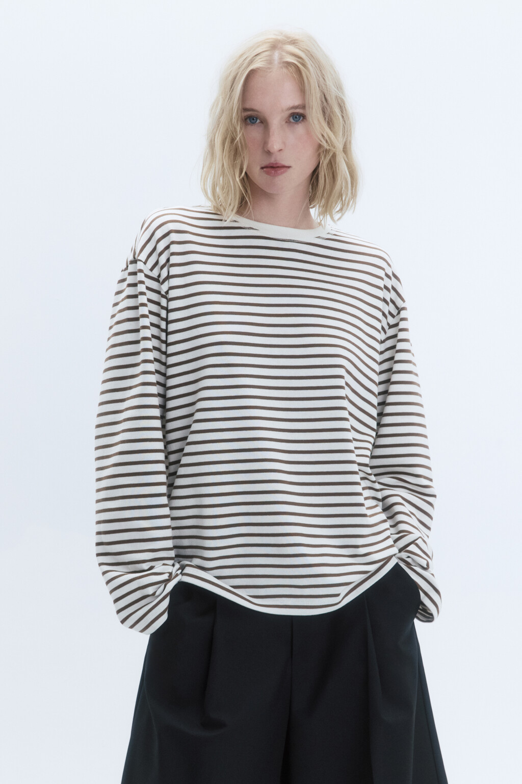 Лонгслив свободный хлопковый в полоску - цвет бежевый - 2