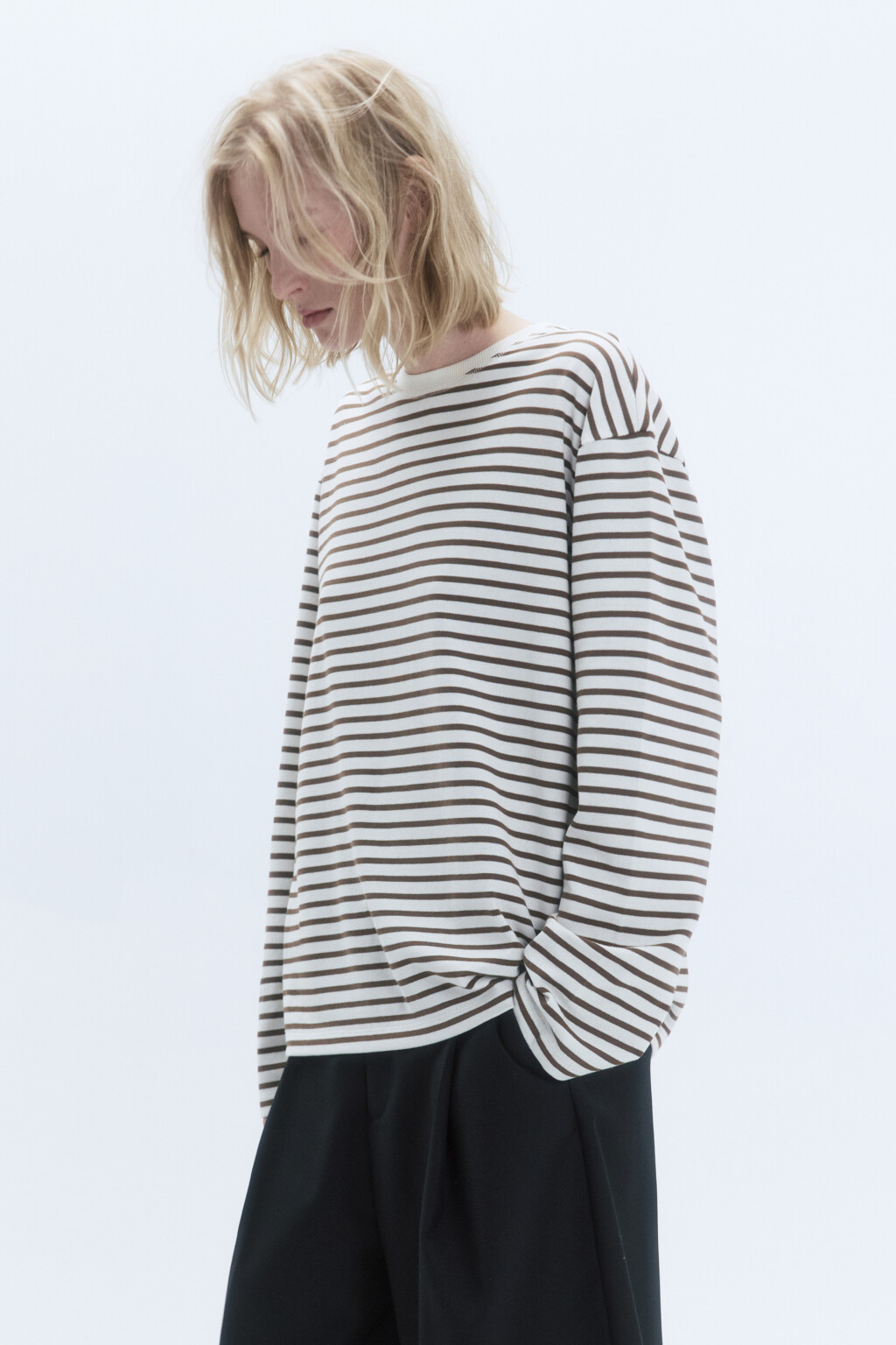 Лонгслив свободный хлопковый в полоску - цвет бежевый - 3