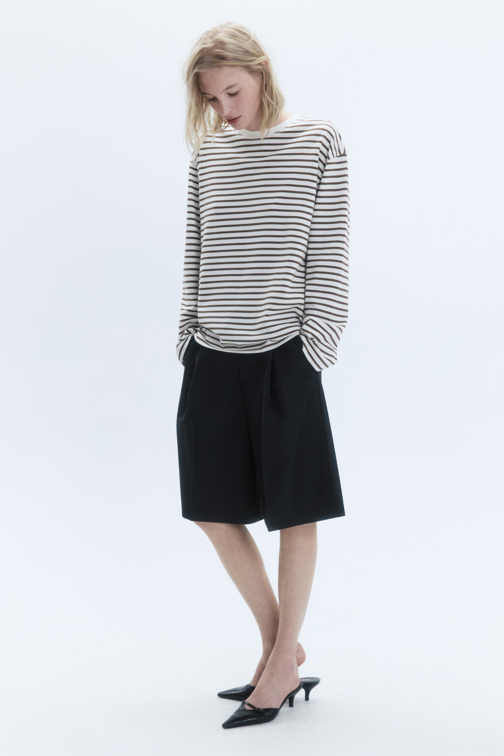 Лонгслив свободный хлопковый в полоску - цвет бежевый - 5