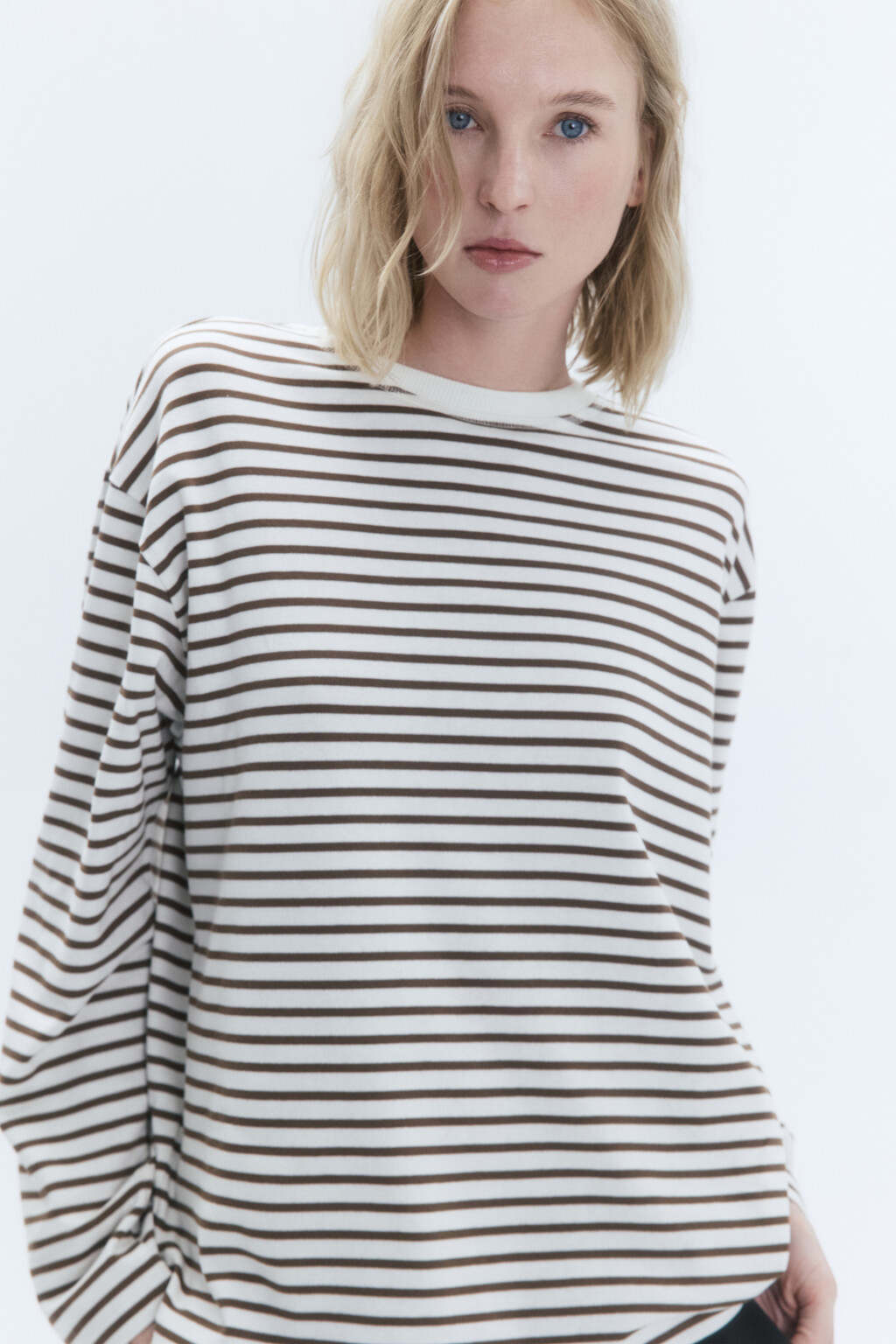 Лонгслив свободный хлопковый в полоску - цвет бежевый - 6