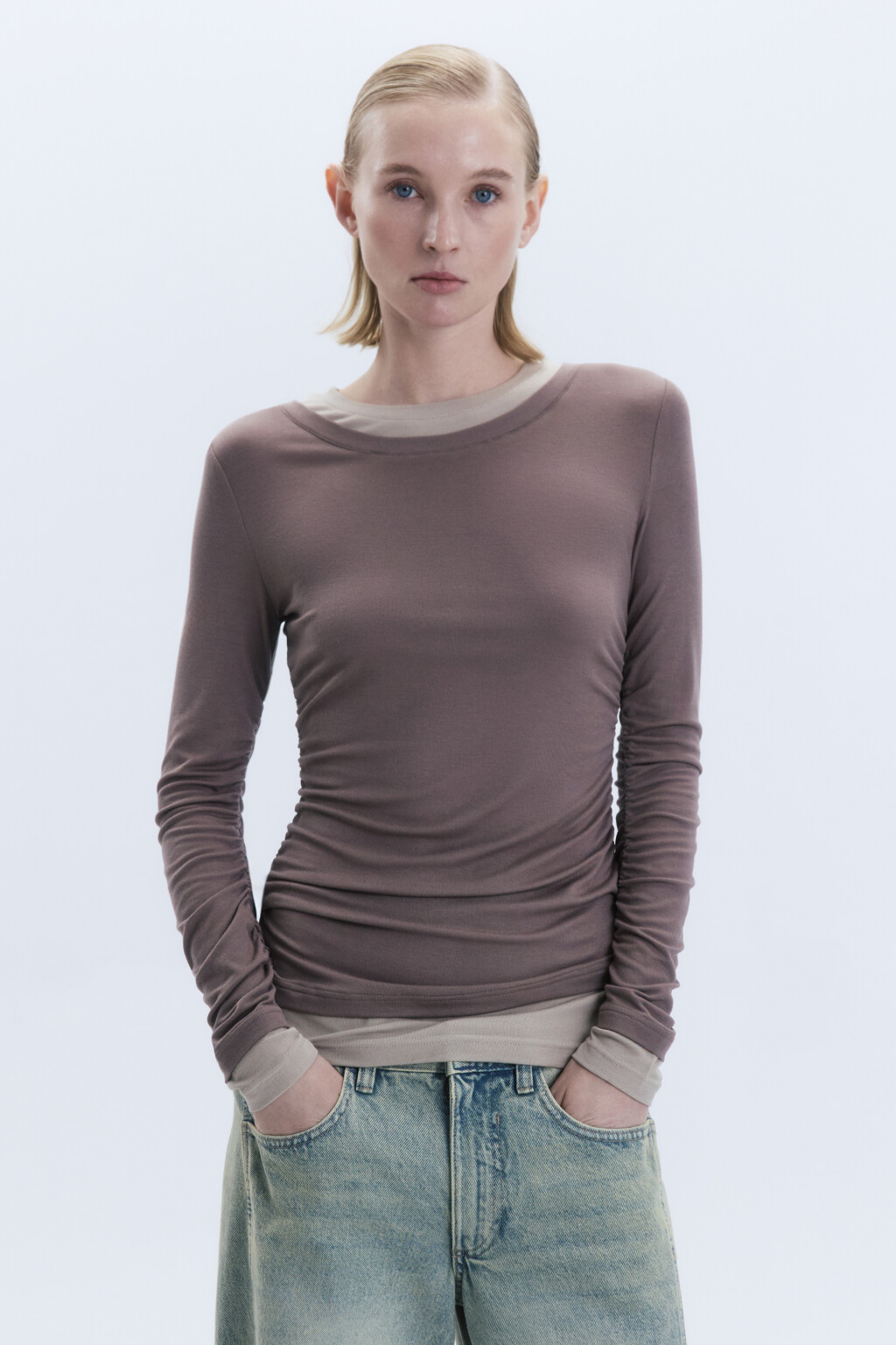 Лонгслив из бамбука с имитацией второго слоя - цвет бежевый - 3