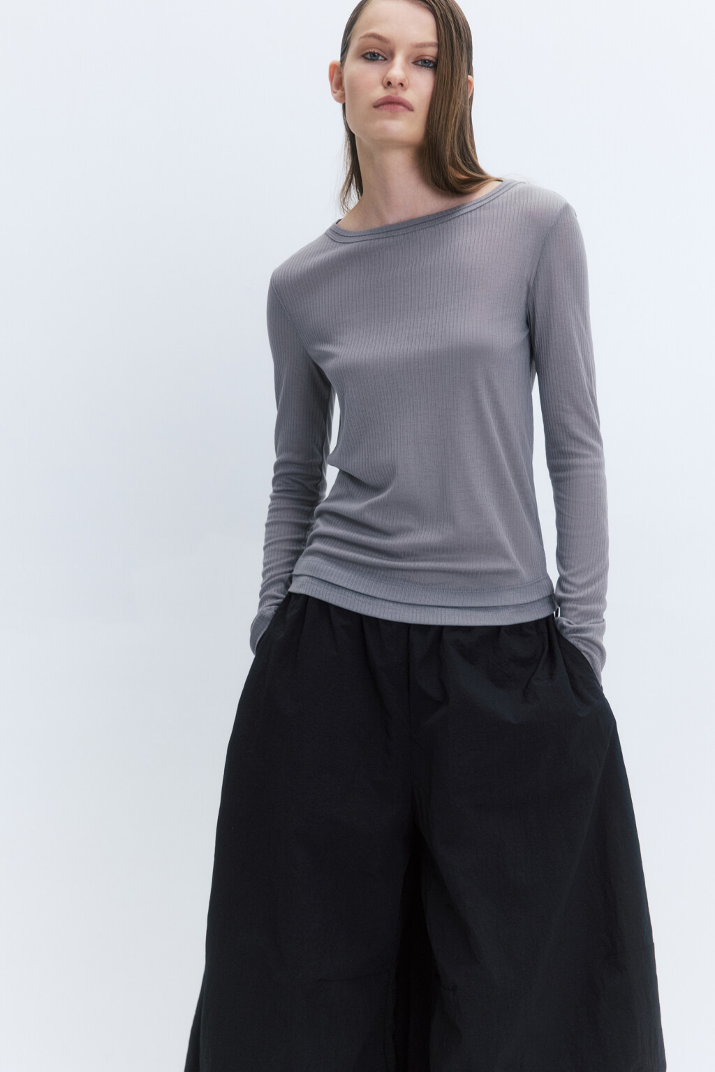 Лонгслив приталенный из тонкого трикотажа - цвет серый - 2