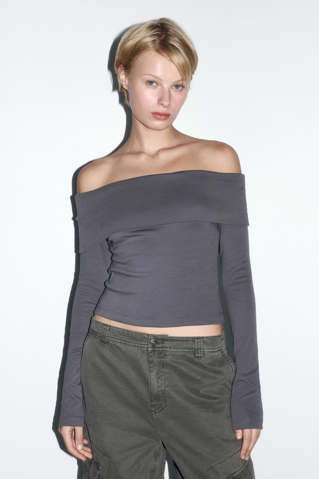 Топ-лонгслив off shoulders в рубчик - цвет серый - 2