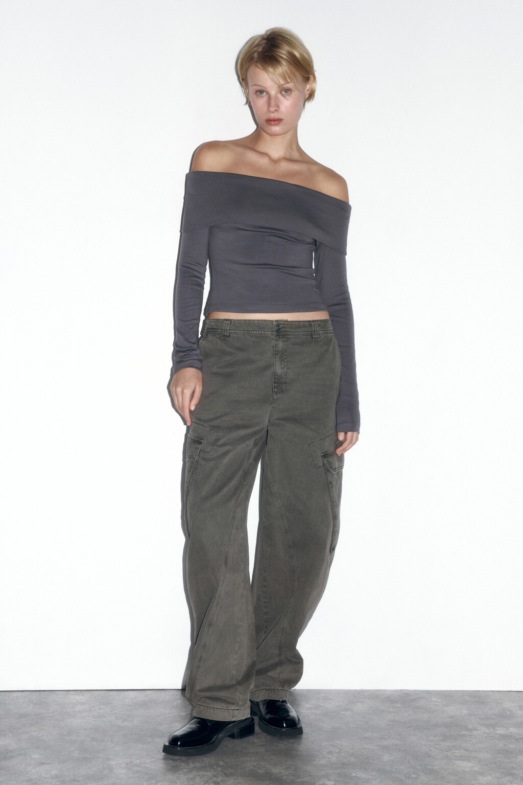 Топ-лонгслив off shoulders в рубчик - цвет серый - 5