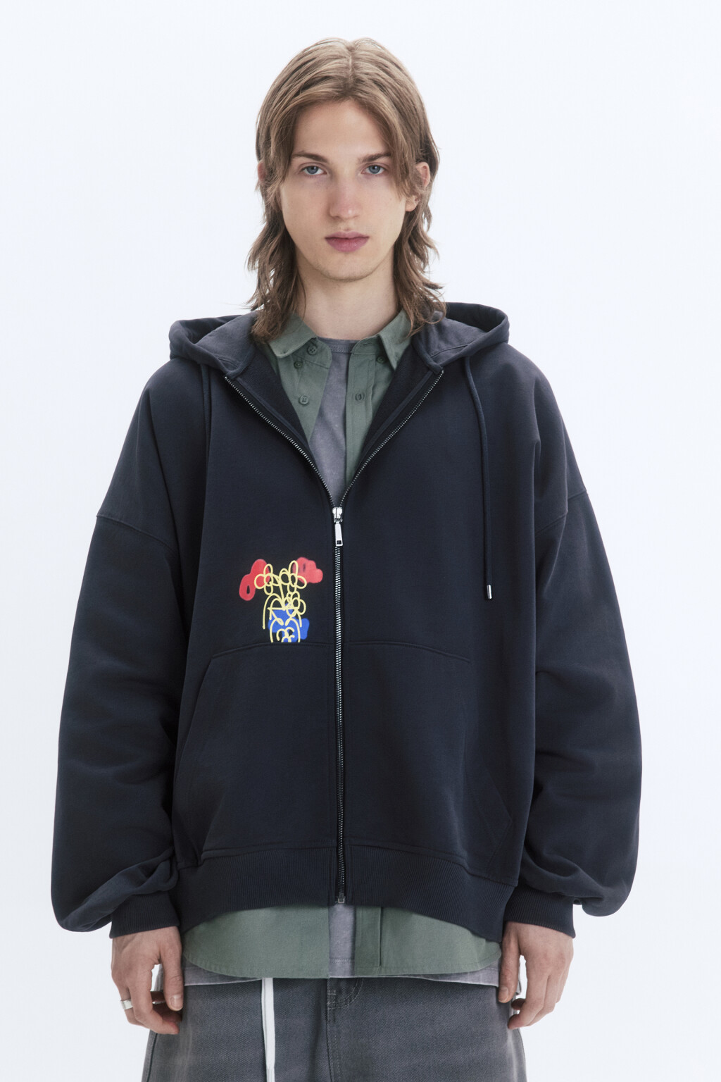 Худи-зипка унисекс с принтом и надписями - цвет серый - 6