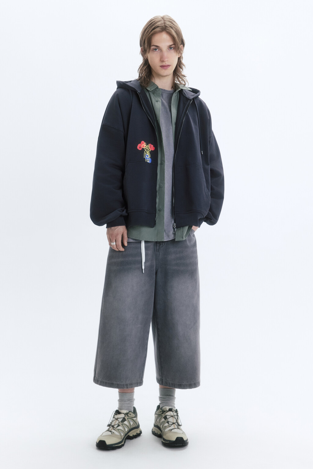 Худи-зипка унисекс с принтом и надписями - цвет серый - 7