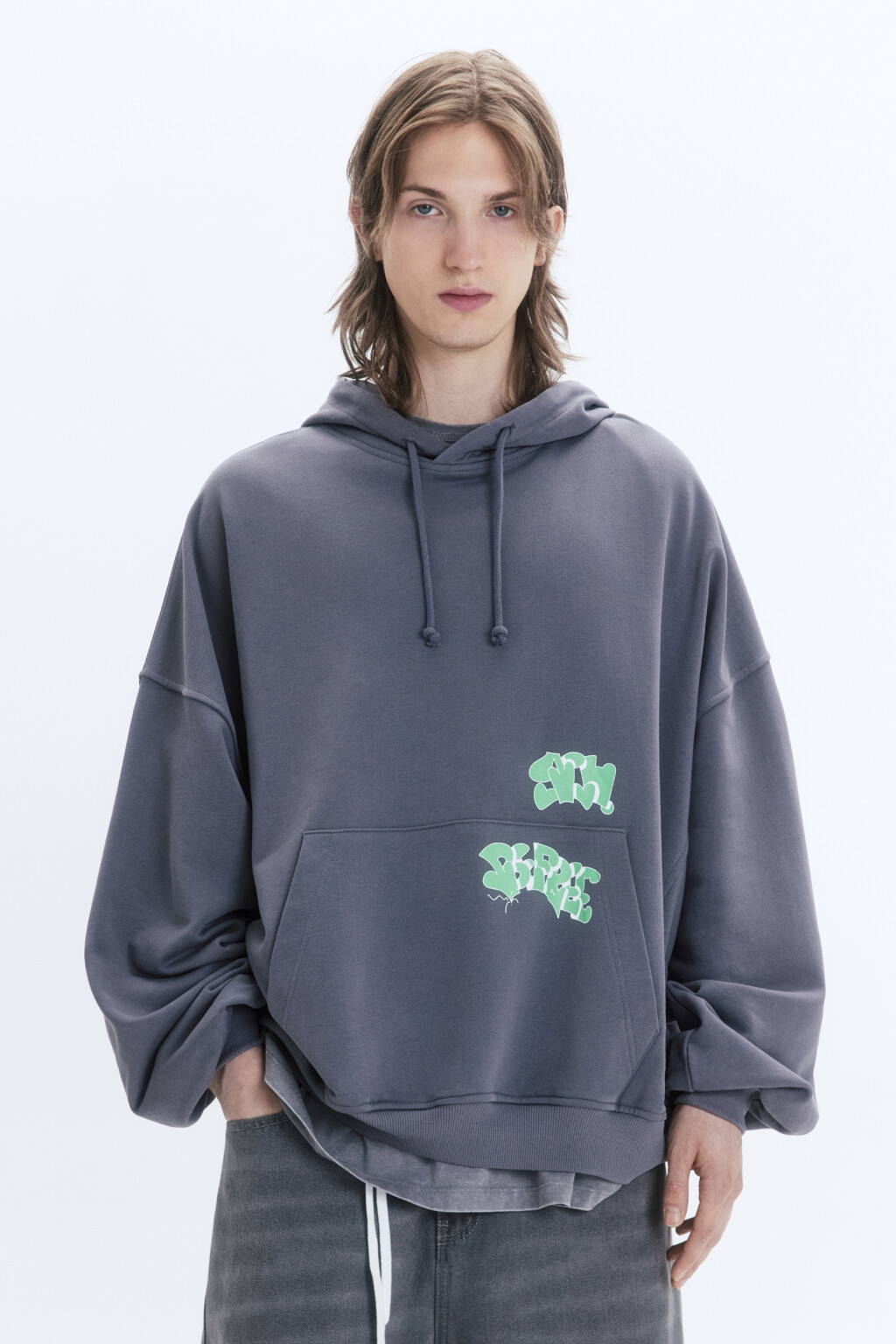 Худи унисекс с принтом и надписями - цвет серый - 5