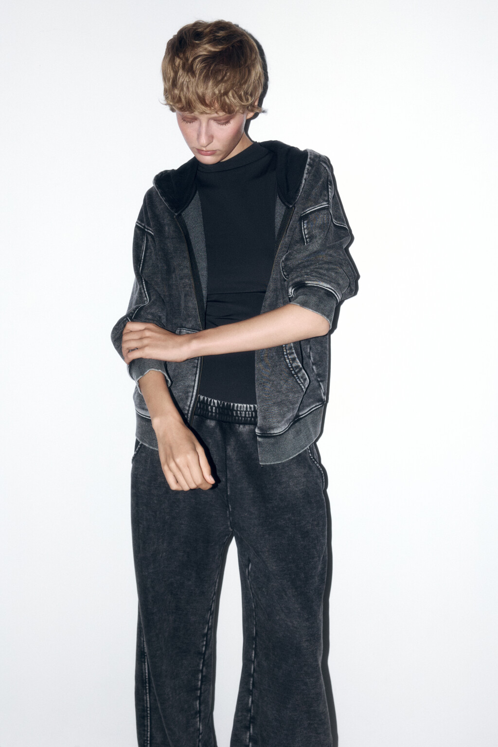 Худи-зипка oversize с капюшоном и вареным эффектом - цвет серый - 1