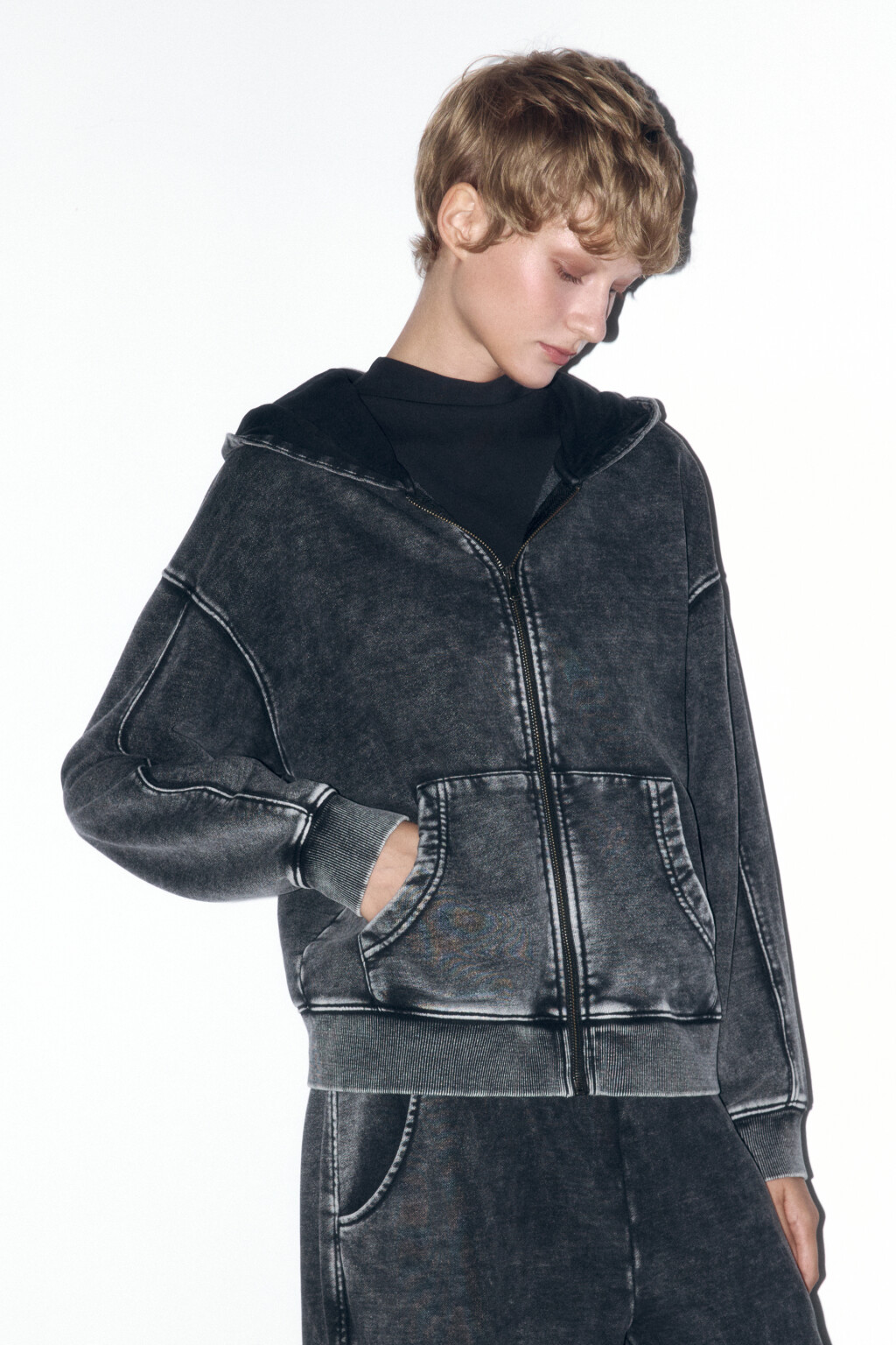 Худи-зипка oversize с капюшоном и вареным эффектом - цвет серый - 3