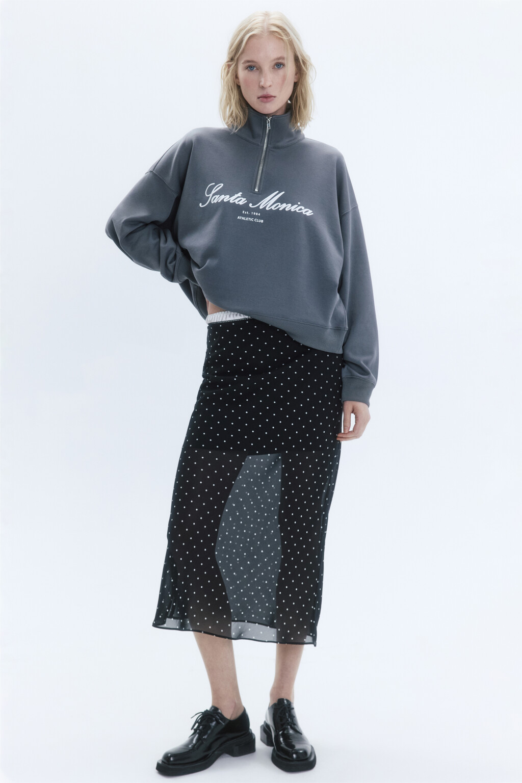 Толстовка с принтом и воротником-стойкой на молнии - цвет серый - 1