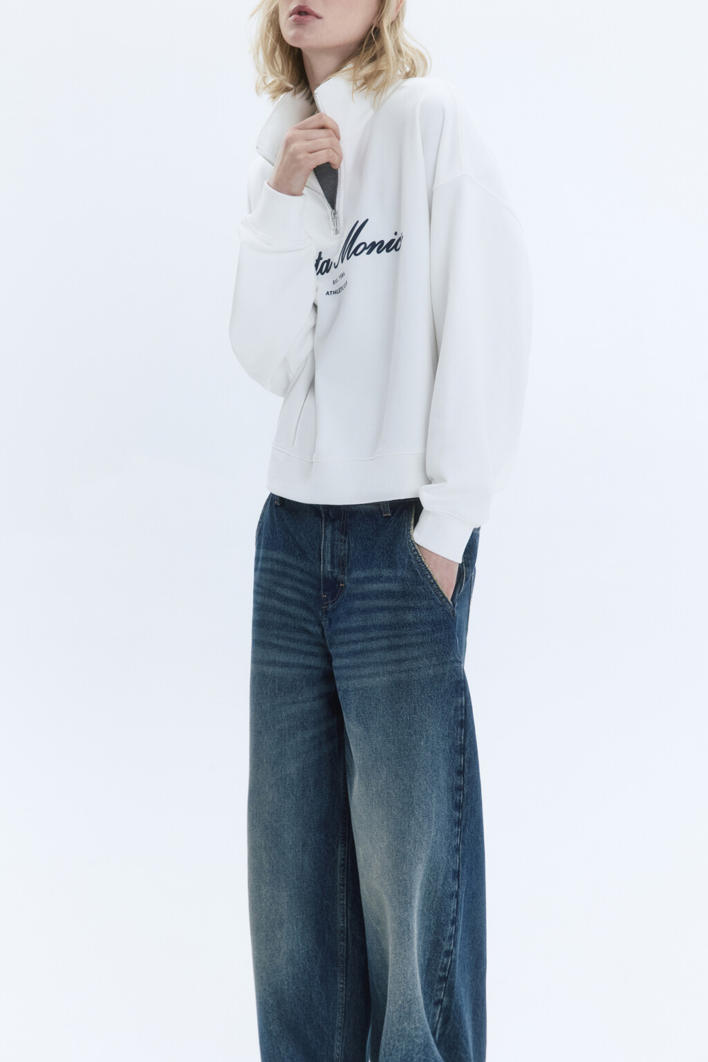 Толстовка с принтом и воротником-стойкой на молнии - цвет молочный - 1