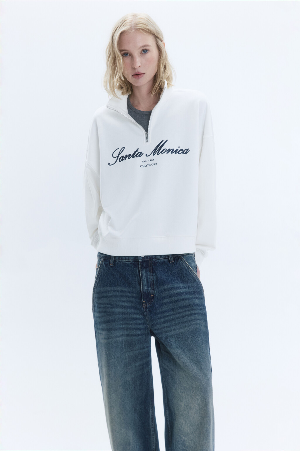 Толстовка с принтом и воротником-стойкой на молнии - цвет молочный - 3