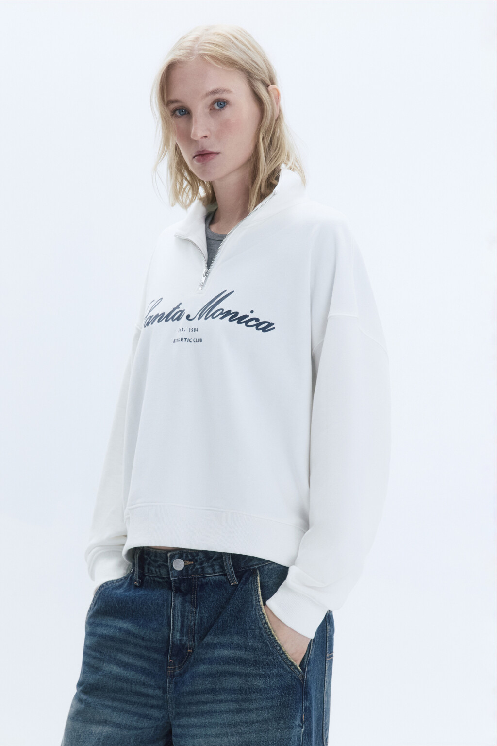 Толстовка с принтом и воротником-стойкой на молнии - цвет молочный - 4