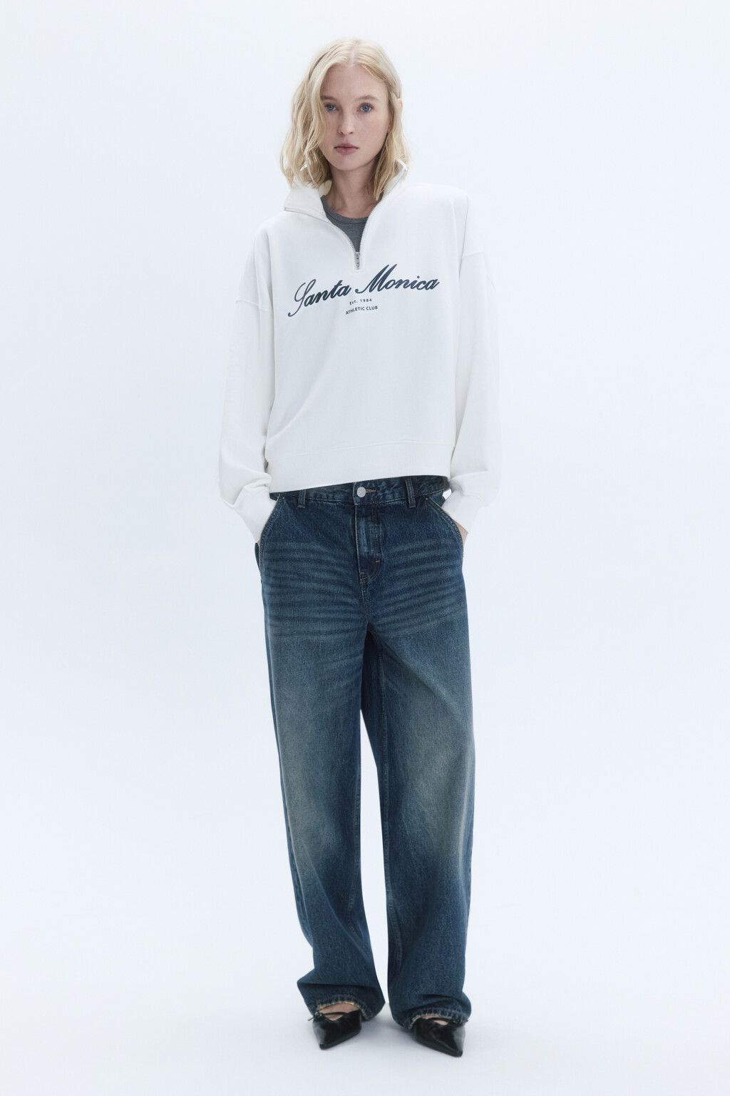 Толстовка с принтом и воротником-стойкой на молнии - цвет молочный - 6