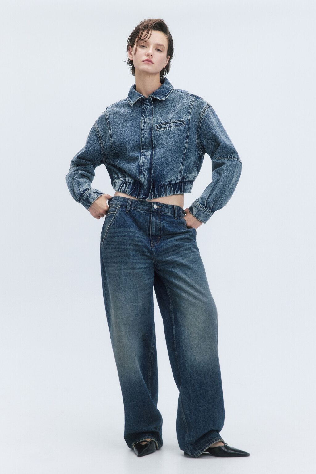 Куртка-бомбер джинсовая с резинкой по низу - цвет темный тинт - 6