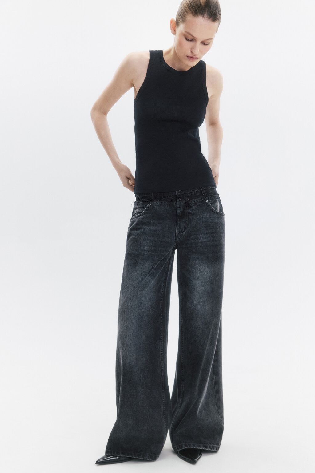 Джинсы широкие с отрезным поясом - цвет серый - 1