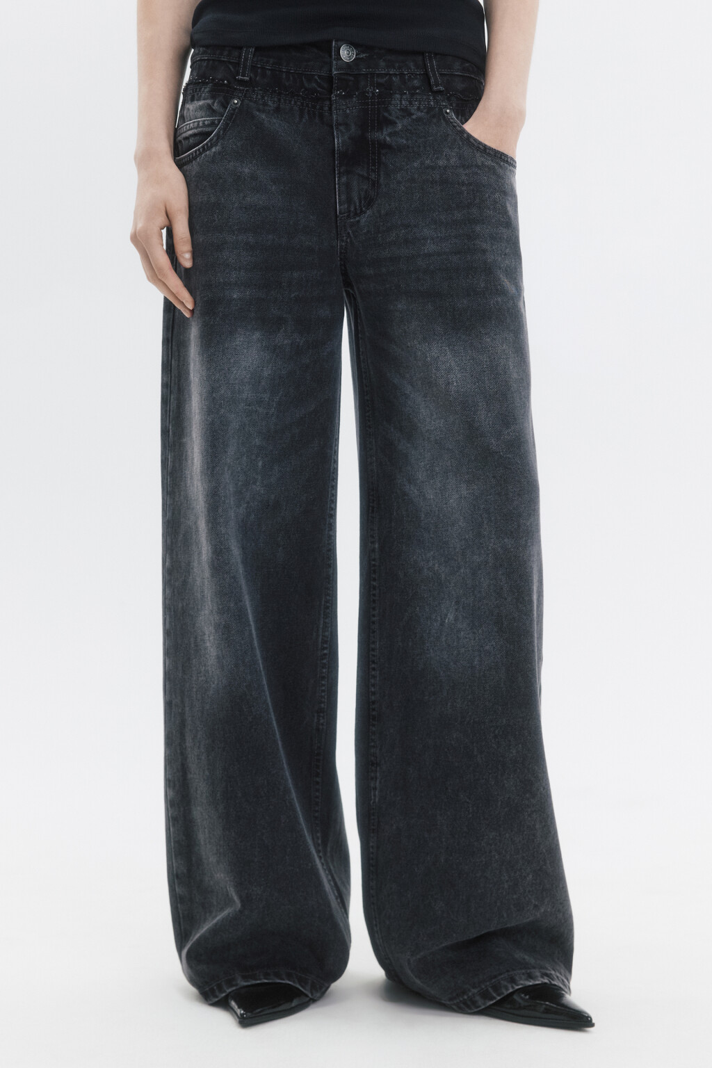 Джинсы широкие с отрезным поясом - цвет серый - 2