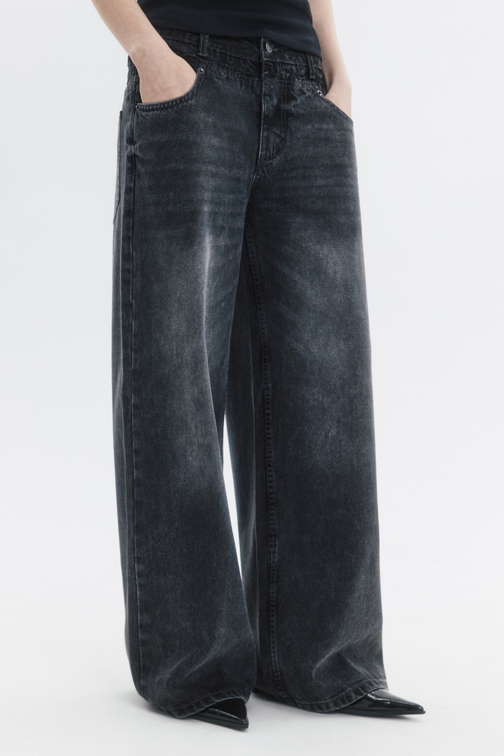 Джинсы широкие с отрезным поясом - цвет серый - 3