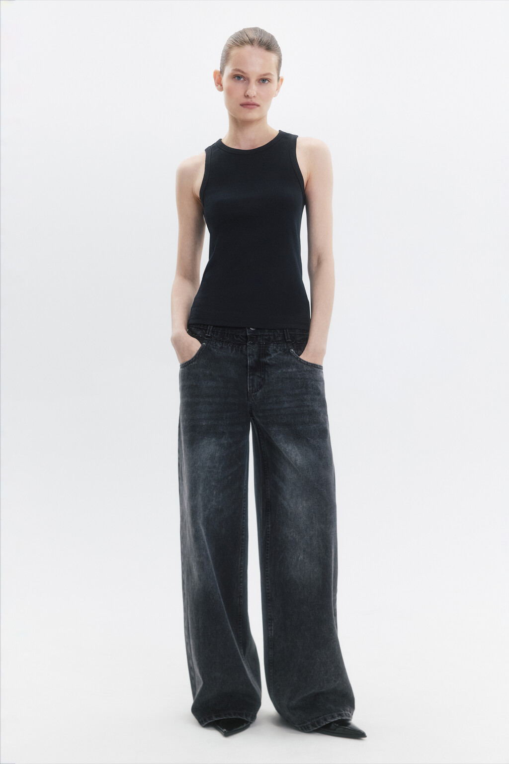 Джинсы широкие с отрезным поясом - цвет серый - 5