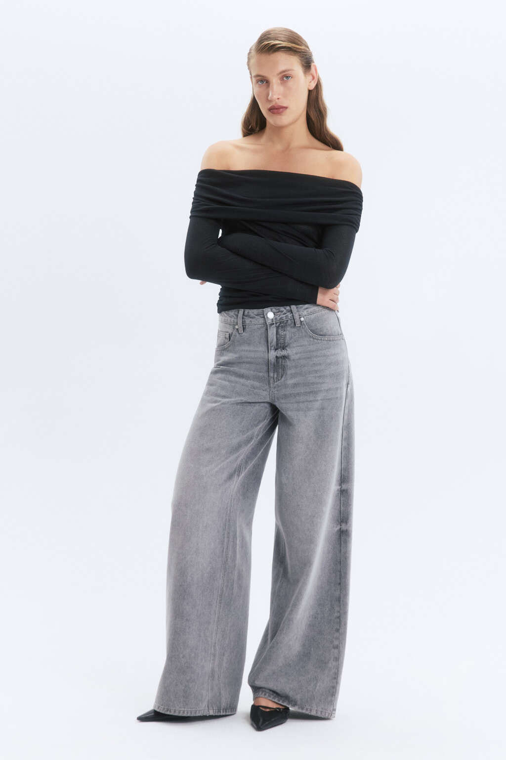 Джинсы wide leg широкие со средней посадкой - цвет серый - 5