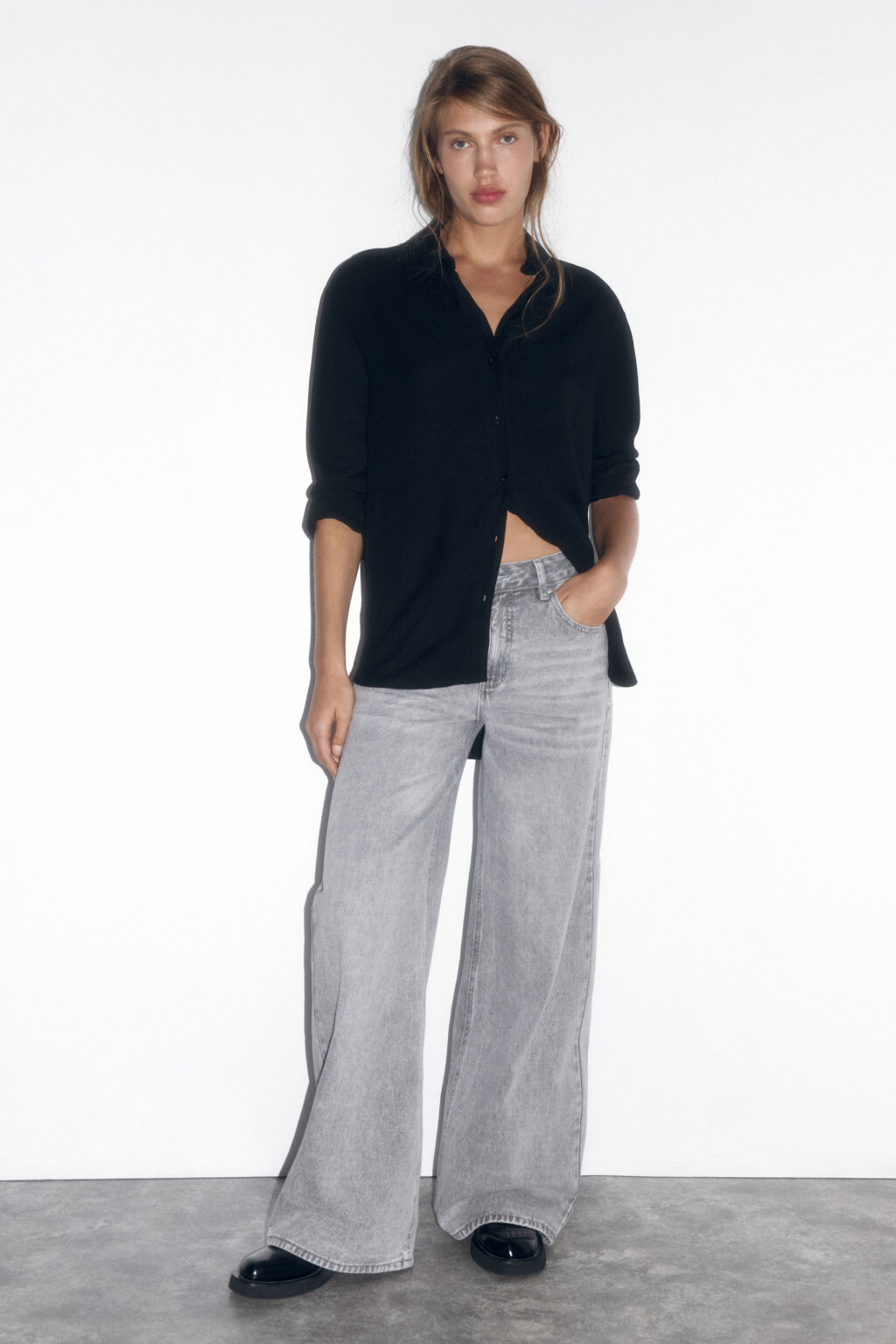 Джинсы широкие со средней посадкой - цвет серый - 1