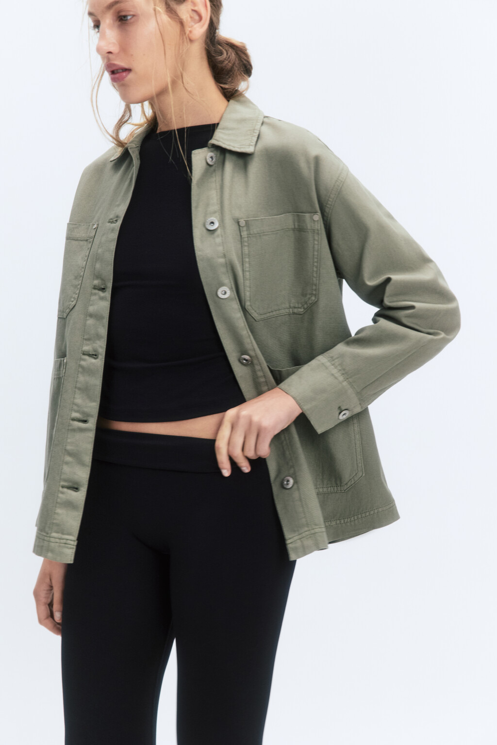 Рубашка джинсовая прямая с накладными карманами - цвет зеленый - 1