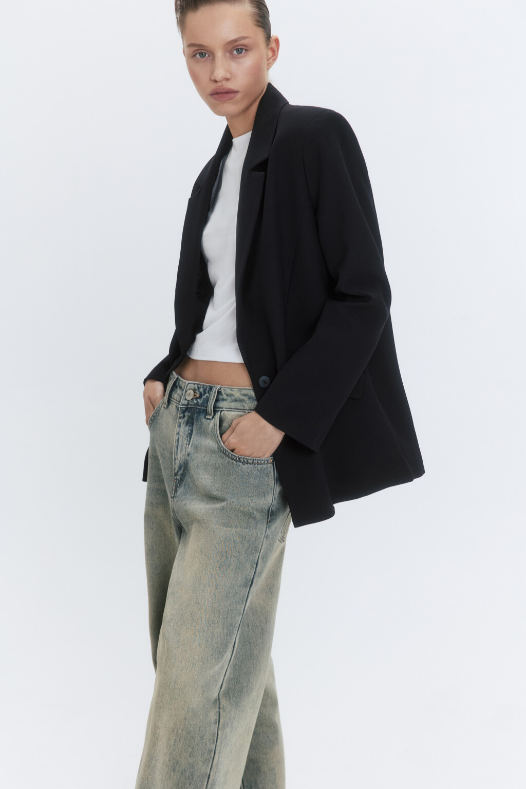 Пиджак однобортный с асимметричными карманами - цвет черный - 1