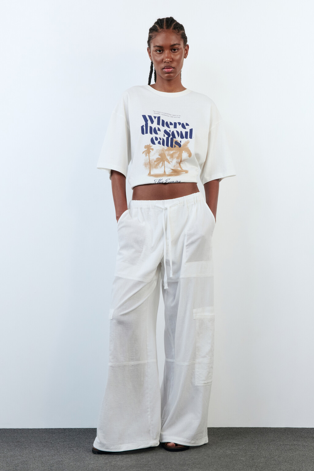 Брюки-парашюты хлопковые с накладными карманами - цвет белый - 5