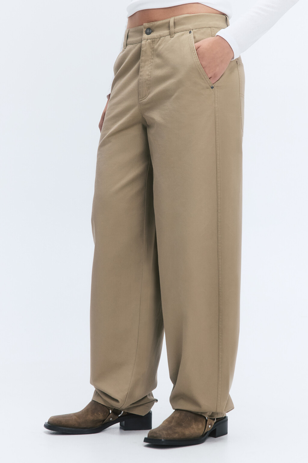 Брюки-чинос хлопковые с низкой посадкой - цвет бежевый - 3