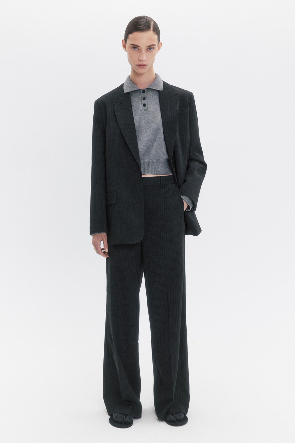 Брюки прямые костюмные в полоску - цвет серый - 1