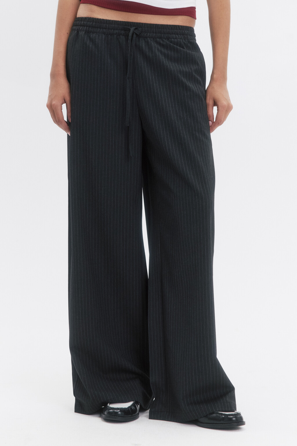 Брюки широкие в полоску с поясом на завязках - цвет черный - 3