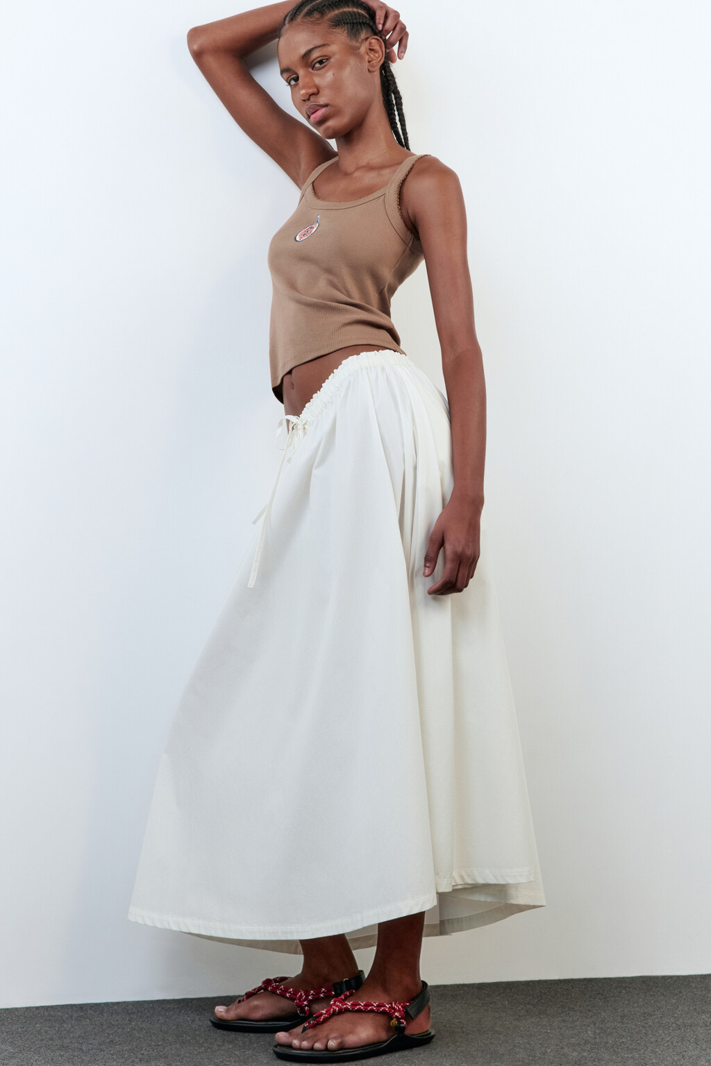 Юбка-трапеция хлопковая с поясом на завязках - цвет белый - 1