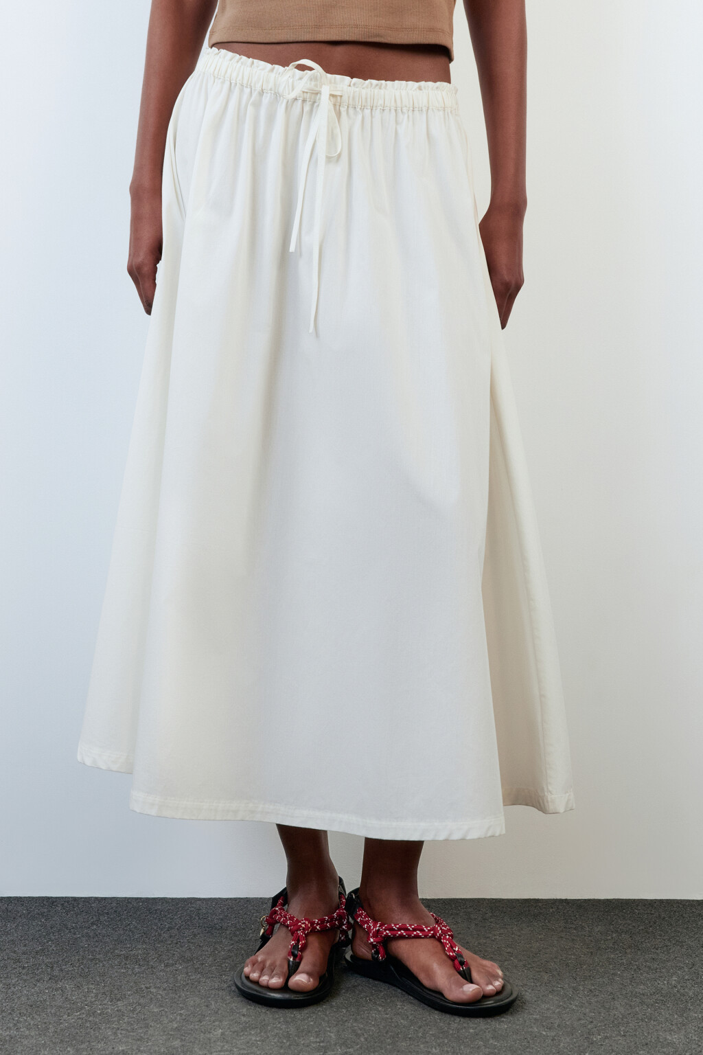 Юбка-трапеция хлопковая с поясом на завязках - цвет белый - 2