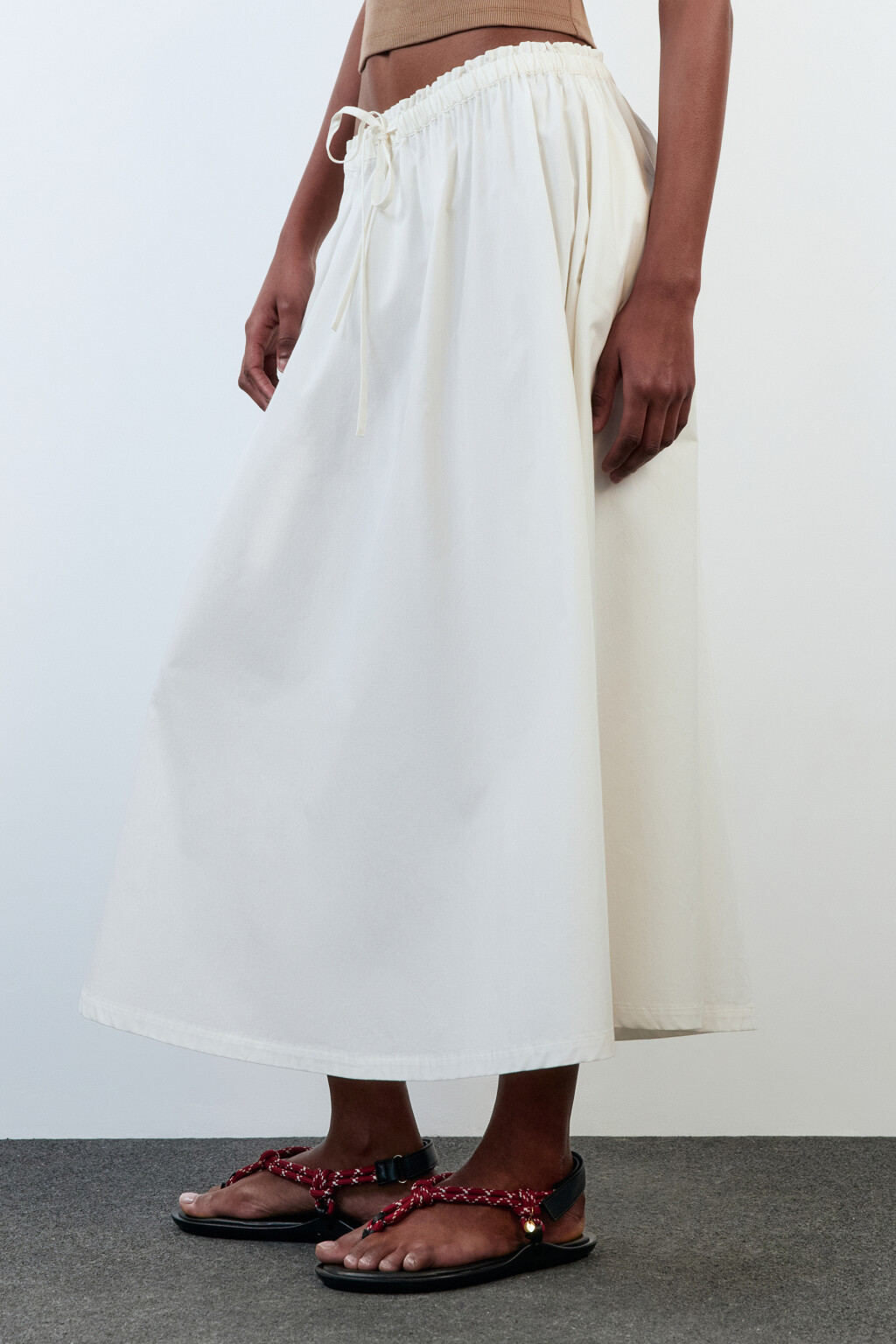 Юбка-трапеция хлопковая с поясом на завязках - цвет белый - 3
