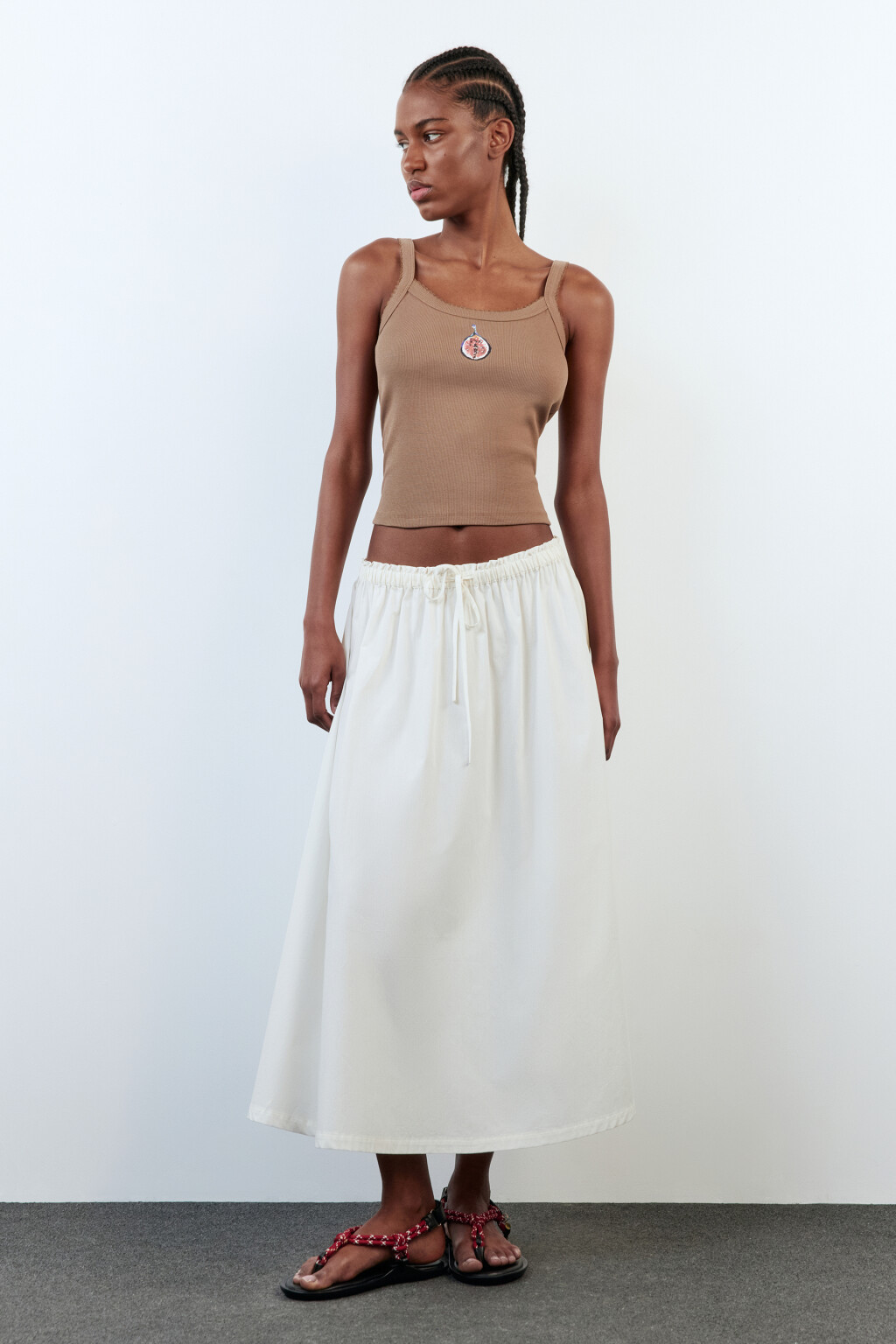 Юбка-трапеция хлопковая с поясом на завязках - цвет белый - 5