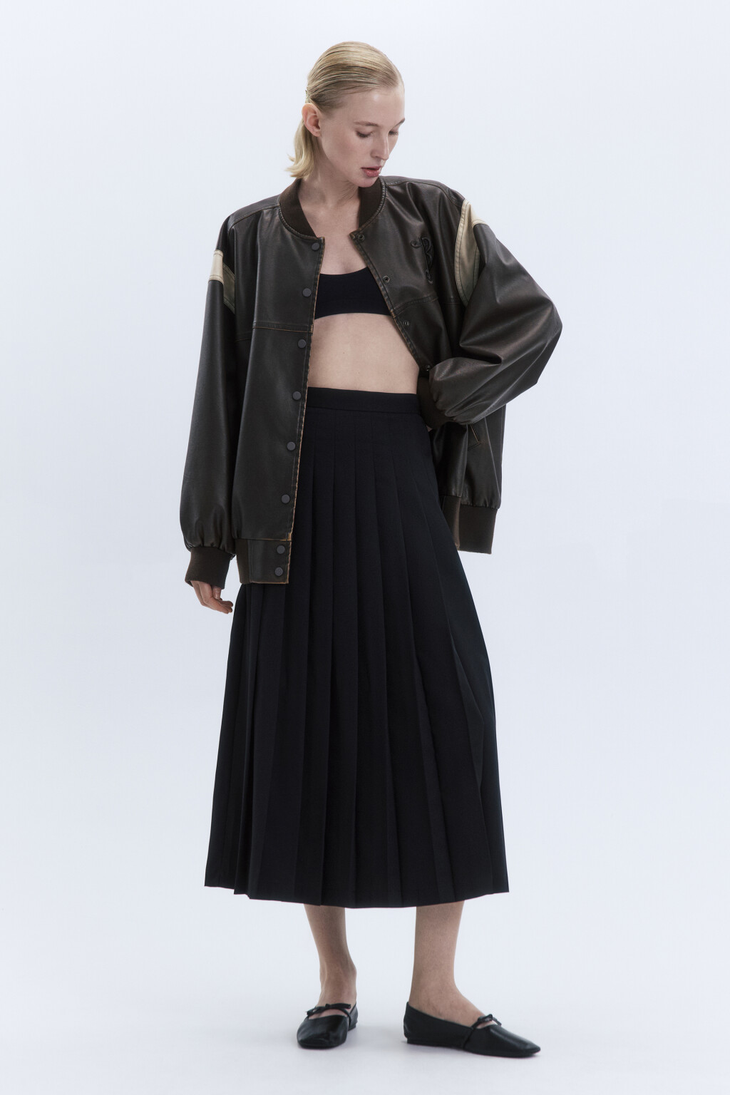 Юбка-трапеция миди плиссированная - цвет черный - 1