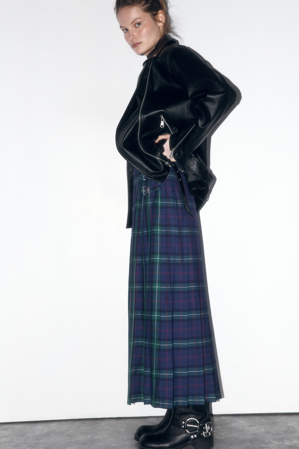 Юбка-трапеция миди плиссированная в клетку - цвет синий - 2