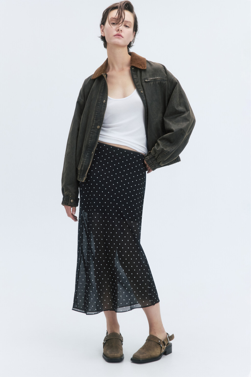 Юбка миди шифоновая с принтом в горошек - цвет черный - 2