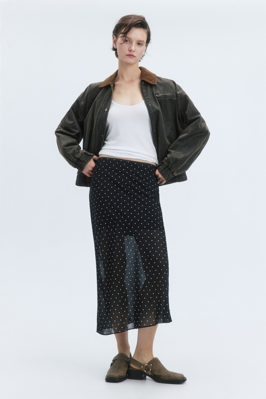 Юбка миди шифоновая с принтом в горошек - цвет черный - 6