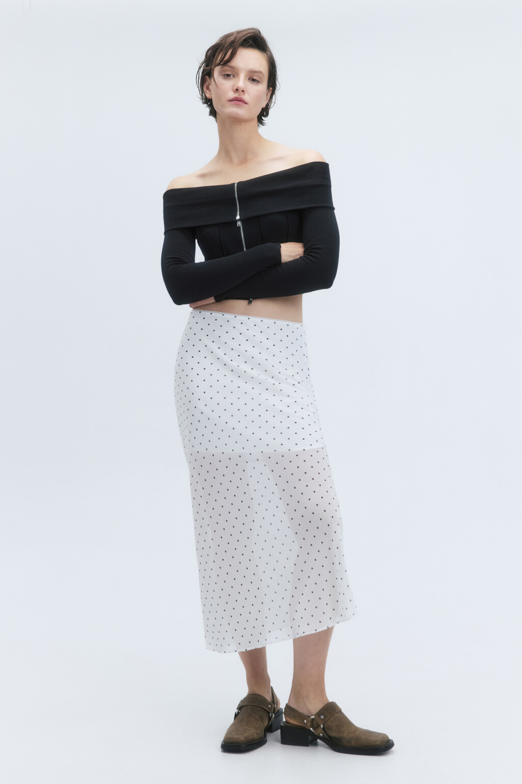 Юбка миди шифоновая с принтом в горошек - цвет белый - 1