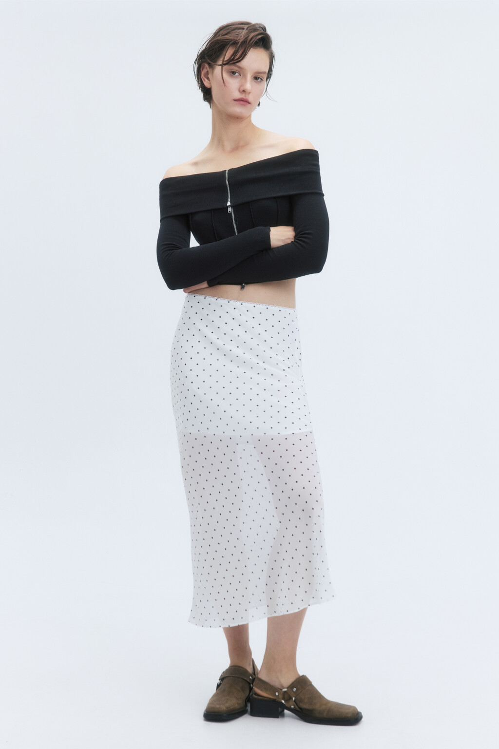 Юбка миди шифоновая с принтом в горошек - цвет белый - 5