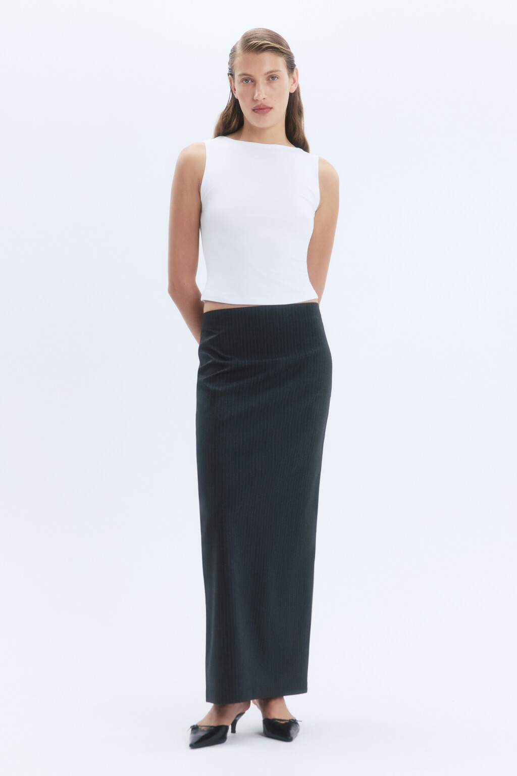 Юбка макси прямая костюмная в полоску - цвет серый - 5